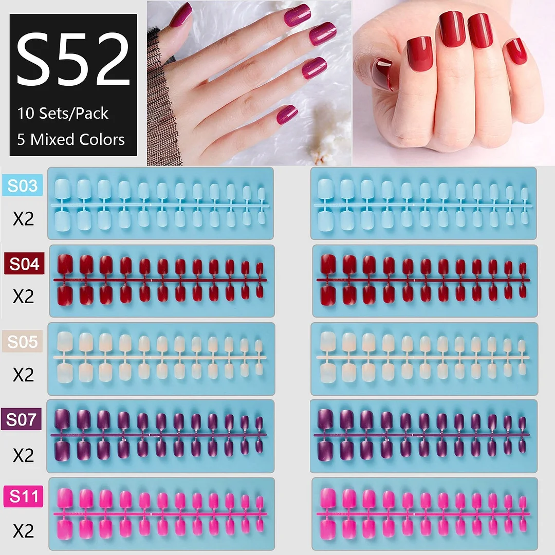 10 Sets/Pack Mixed Solid Colors Coffin Round Square Almond Shape False Nails Full Cover Nail Tips Short Fake Nails Tip Manicure-Nail Inspo