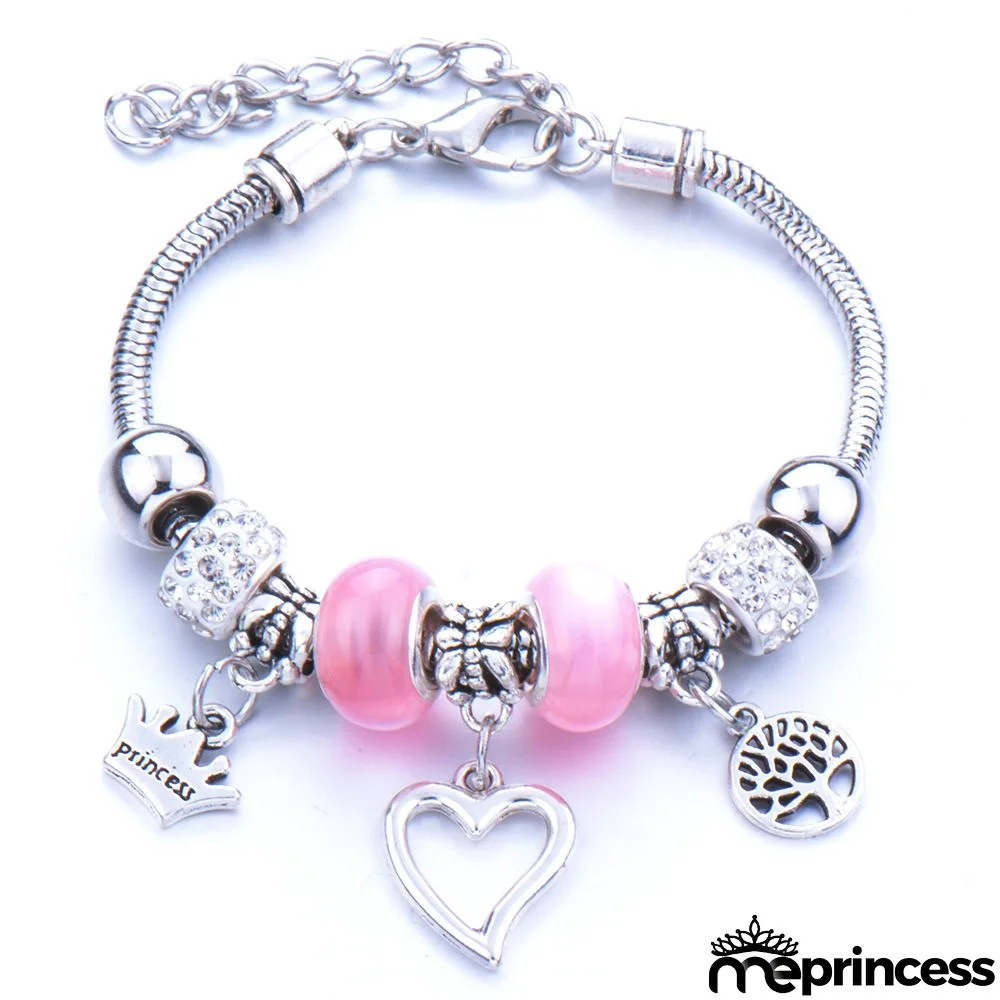 Women Fashion Rhinestone Butterfly Crown Pendant Beaded Bracelet