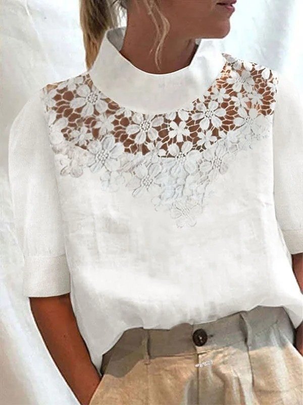 Women's Spring Summer Lace Stitching Cotton Linen Short Sleeve V Neck Shirt