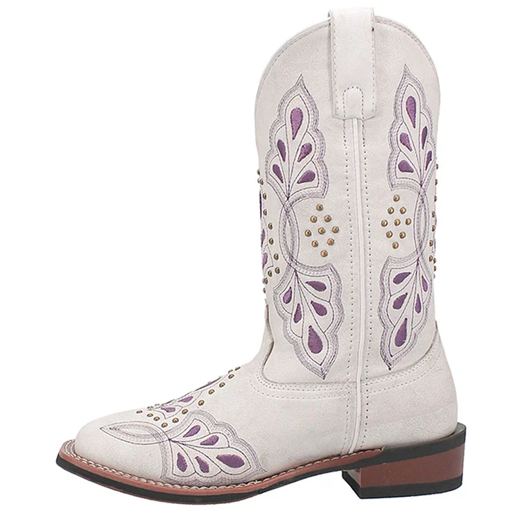 Vintage White Square Toe Floral Stud Mid-Calf Western Boots for Women |FSJ Shoes