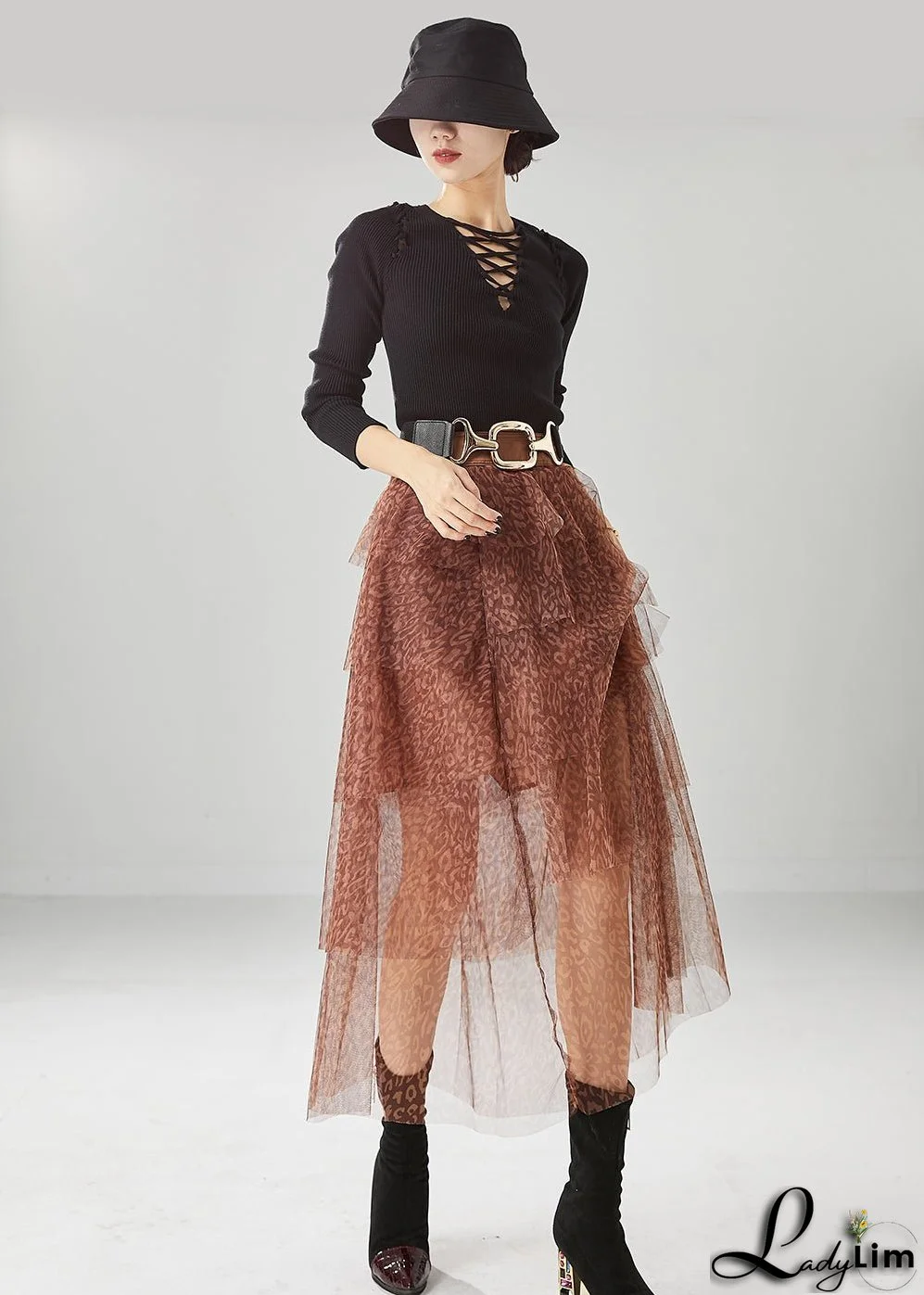 Diy Brick Red Layered Design Print Tulle Skirt Summer