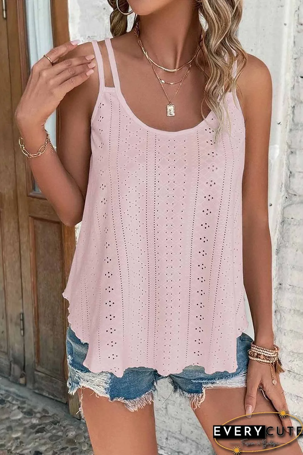 Pink Eyelet Strappy Scoop-Neck Tank Top