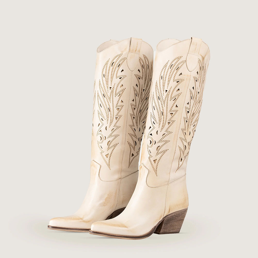 Women's Mid Block Heel Distressed Beige Embroidered Cowgirl Boots Nicepairs