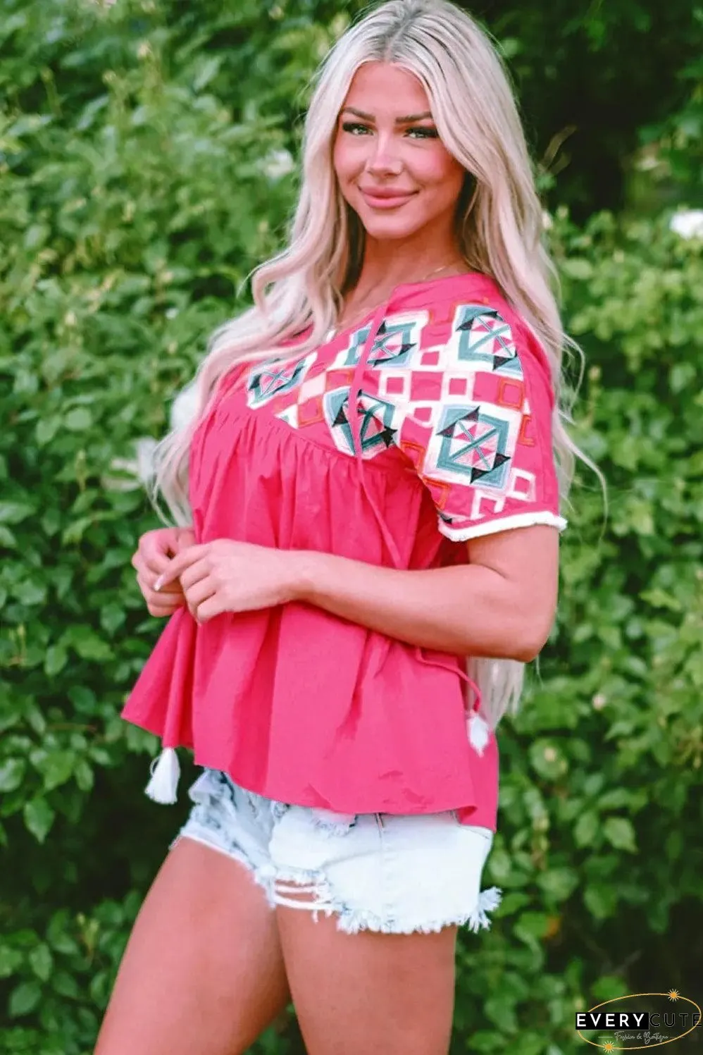 Strawberry Pink Geometric Embroidered Tassel Tie V Neck Blouse
