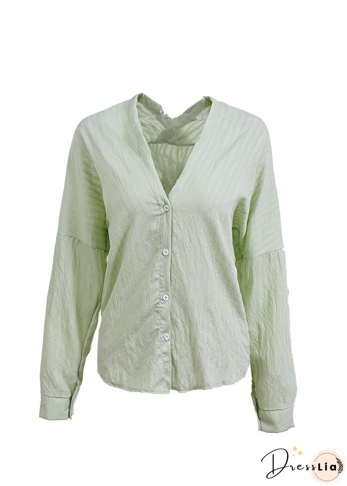 Green Button Patchwork Cotton Coat Outwear V Neck Fall