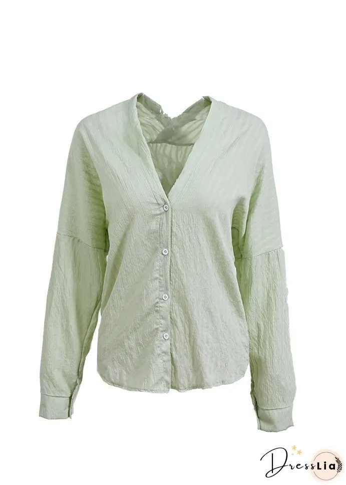 Green Button Patchwork Cotton Coat Outwear V Neck Fall