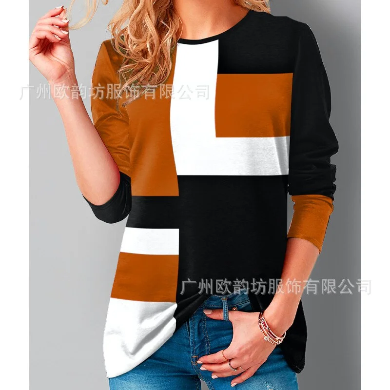 Geometric Colorblock Long Sleeve T-Shirt Goth Short Sleeve Casual Loose T Shirt Women Tops