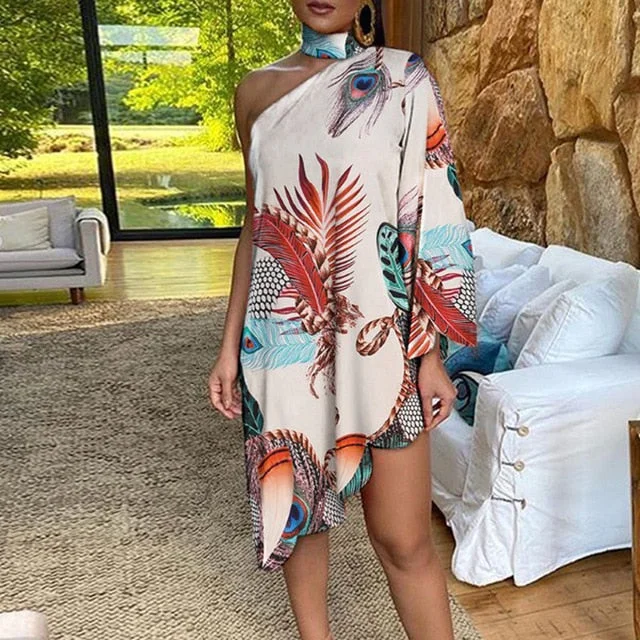 Vintage Women's Autumn Irregular Dress Sexy Halter One-shoulder Club Party Dress Elegant Long Sleeve Peacock Print Dress Vestido