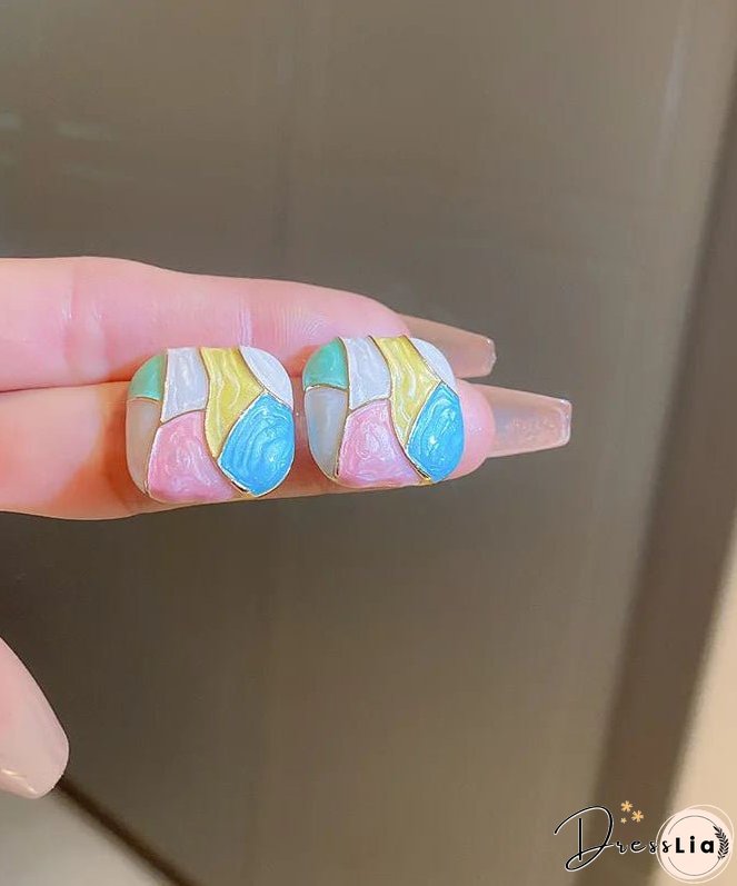 New Fashion Alloy Enamel Square Contrast Color Stud Earrings Female Sweet
