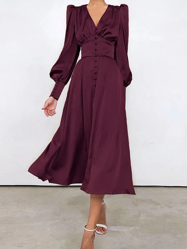 A-Line High Waisted Buttoned Pleated Solid Color V-Neck Midi Dresses