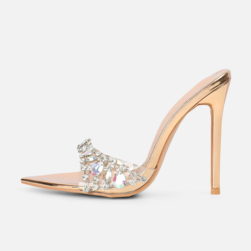 Stylish Gold Metallic Finish Pointed Toe Crystal High Heel Mules