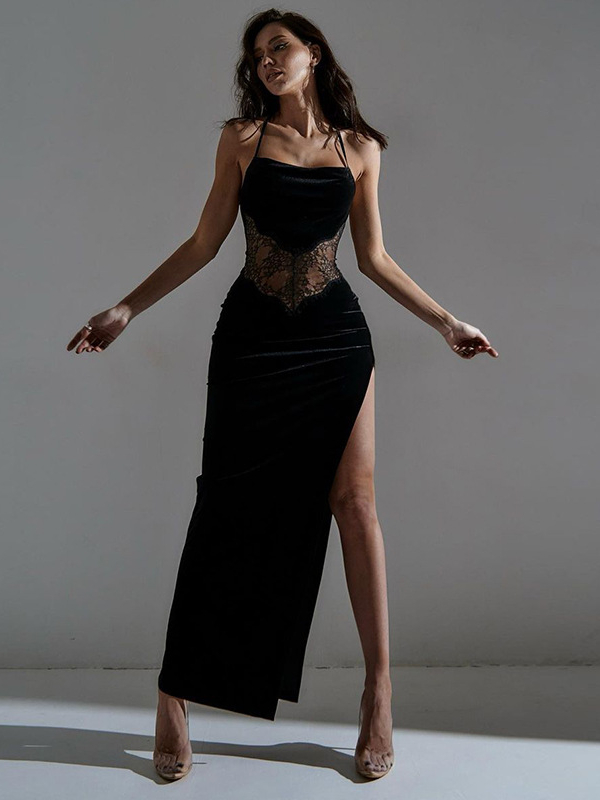Lace Paneled Spaghetti Straps High Split Bodycon Dress