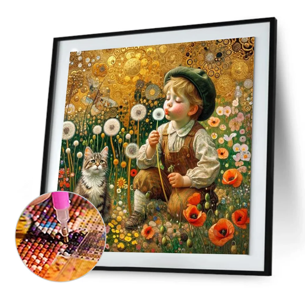 Full Round Diamond Painting 30*30cm - Child, Kitten And Dandelions