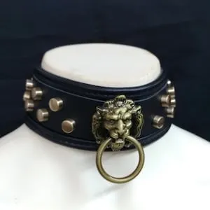 pornhint Pornhint Choker Genuine Leather - 1 3/4" Choker Collar Black Leather Big Lion Head and Studs Antique Gold