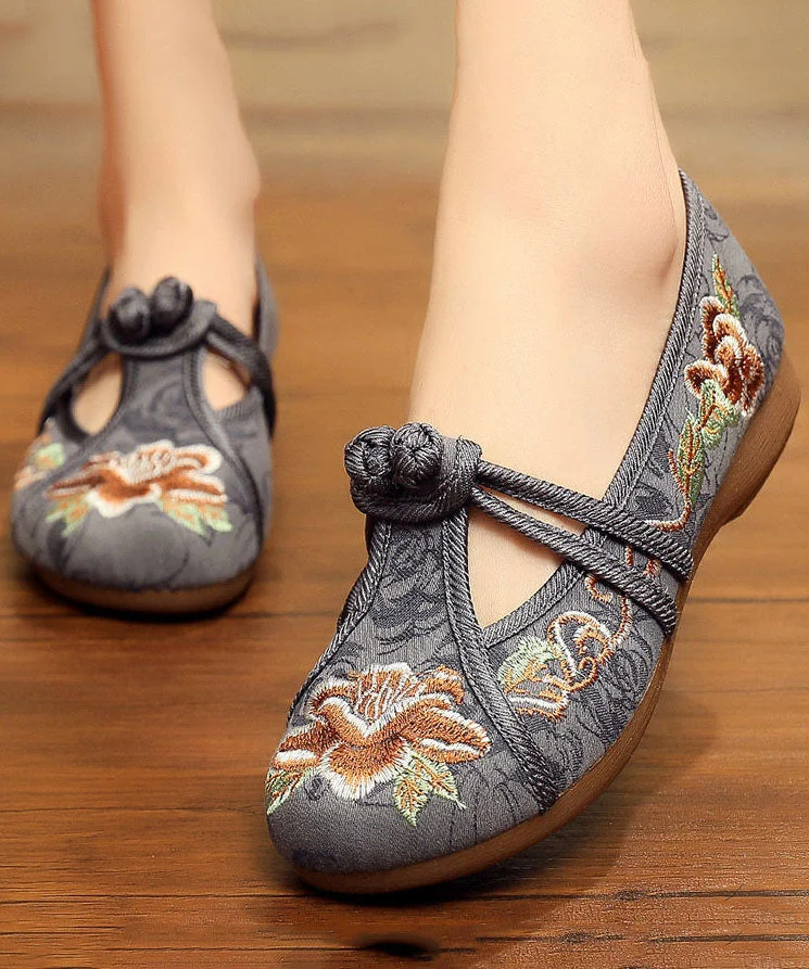 Vintage Embroideried Flat Shoes For Women Grey Cotton Fabric Chinese Button