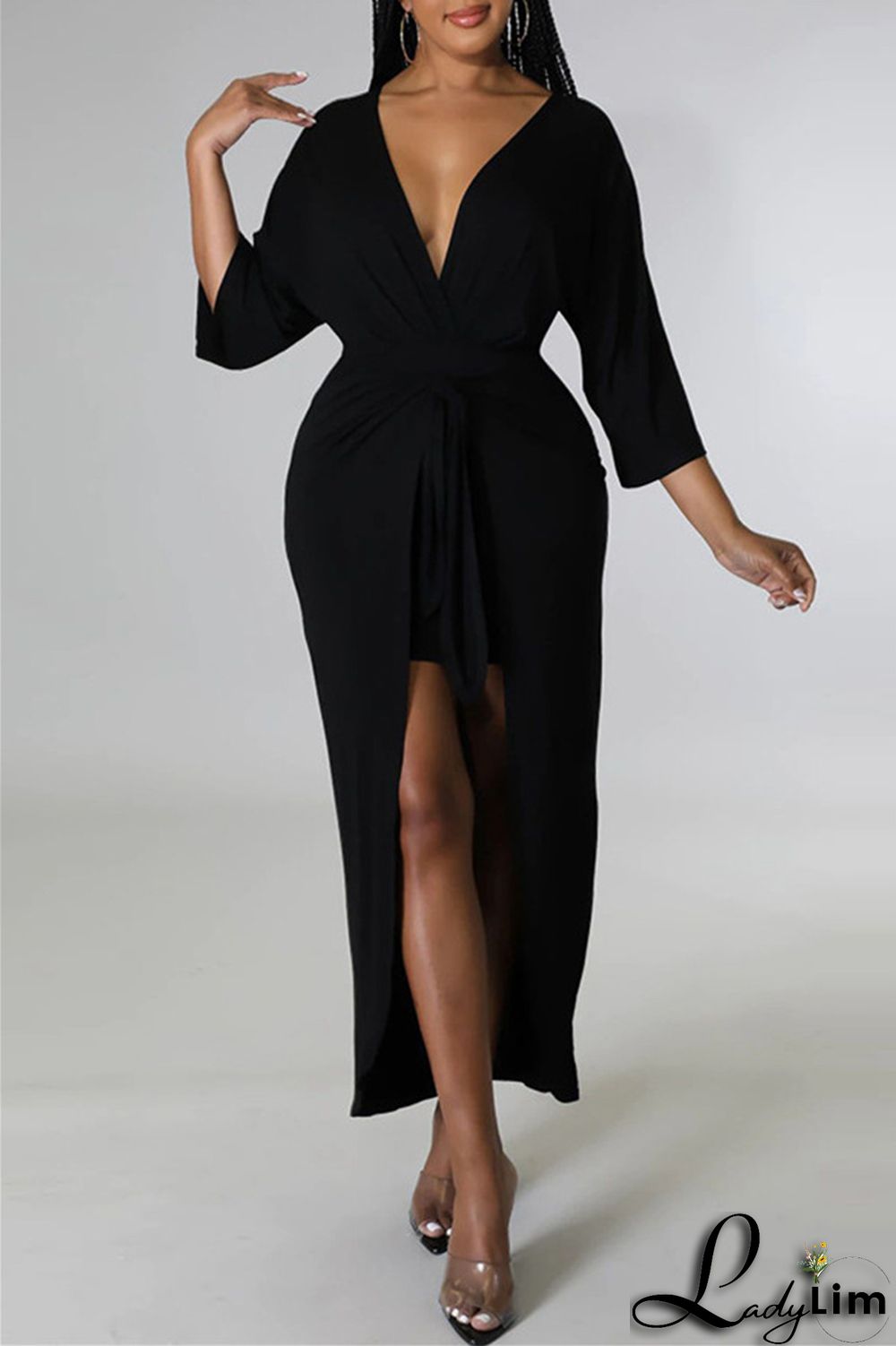 Burgundy Fashion Casual Solid Patchwork V Neck Irregular Dress