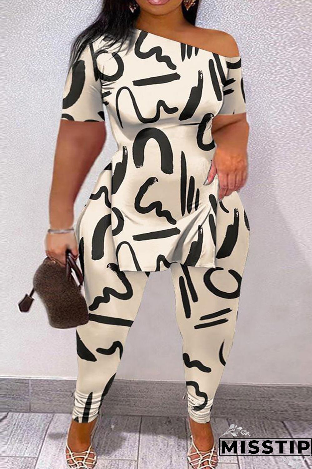 Black And White Casual Print Patchwork Slit Oblique Collar Short Sleeve Two Pieces