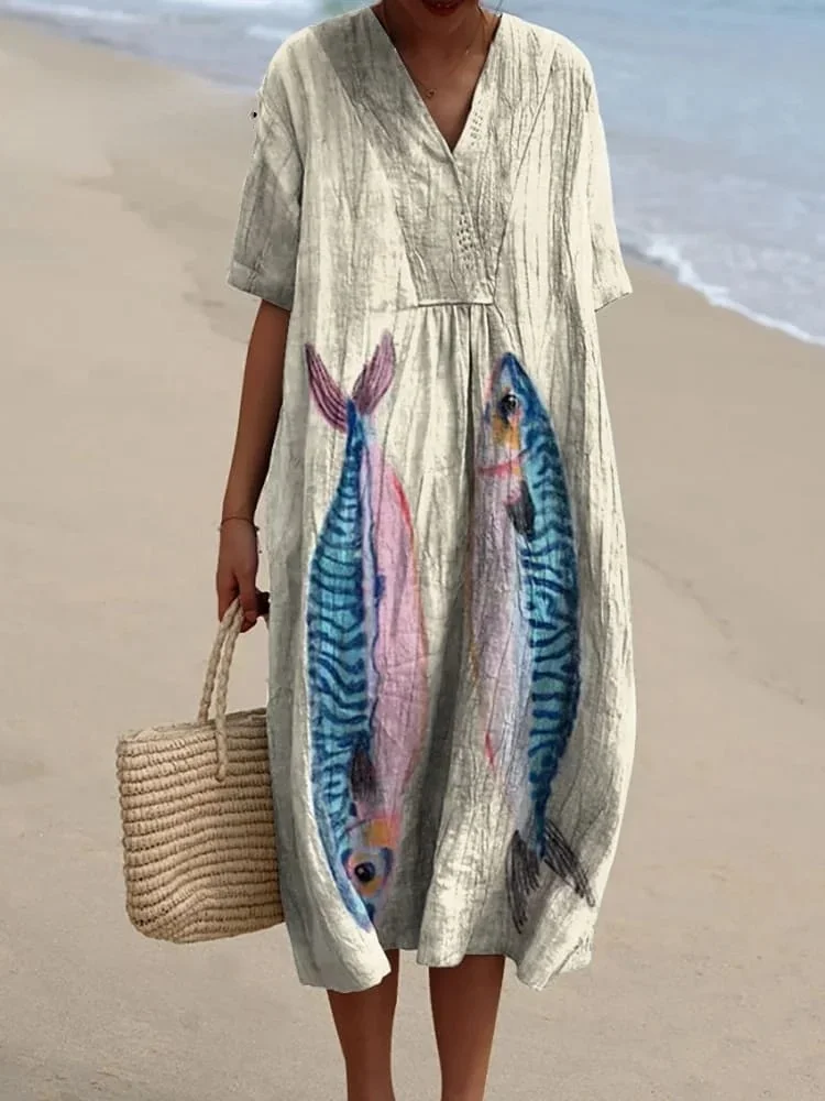 Women's Fish Mackerel Vintage Fish Art Vintage Print Flowy Dress