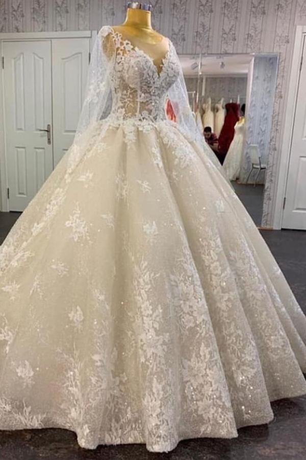 Elegant A-line Tulle Floor-length Bateau Wedding Dress With Lace Sequins Appliques | Ballbellas Ballbellas