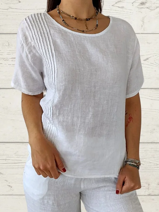 Women's Casual Solid Color Round Neck Short Sleeve Shirred Top