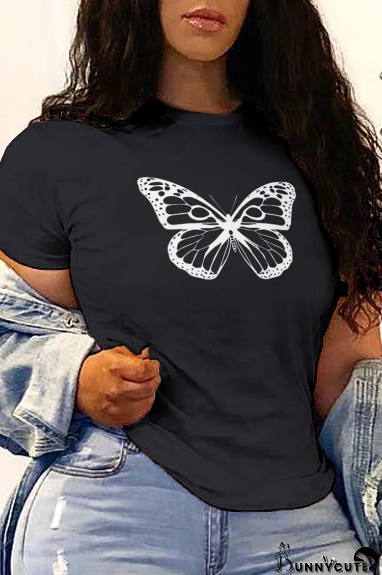 Black Fashion Street Butterfly Print Split Joint O Neck T-Shirts