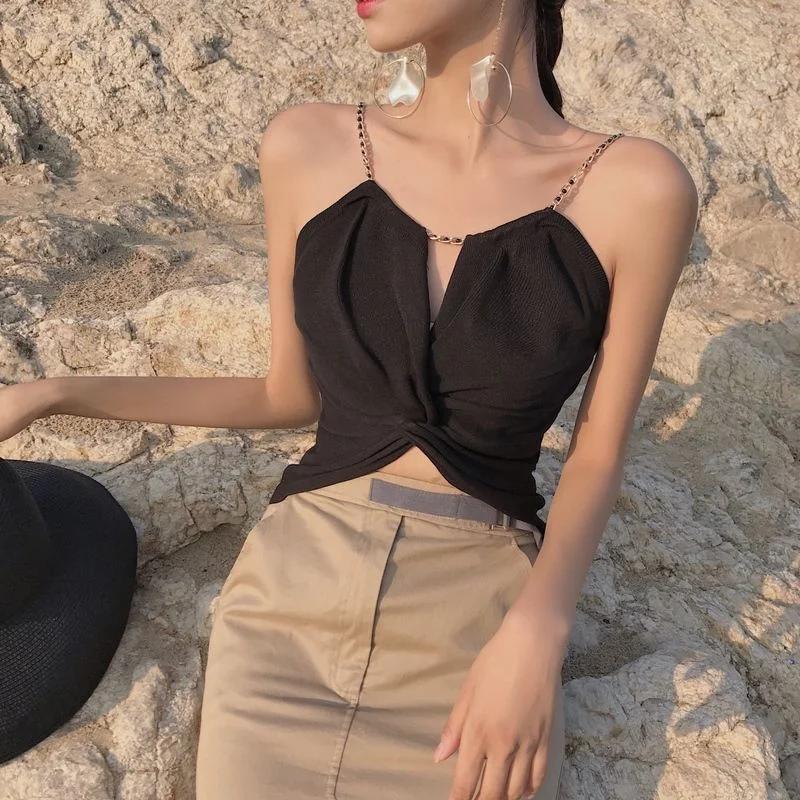 Uveng Uveng Vest Female Sense Summer New Korean Version Of The Kinking Chain Personality Knitted Sling Shirt Repair Umbilled