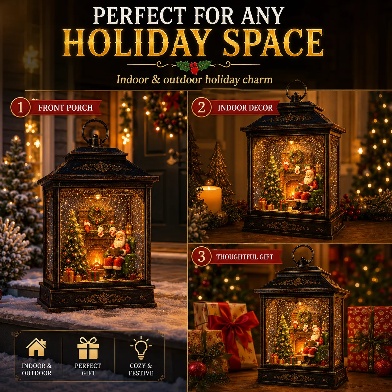 Christmas lantern displayed in warm holiday home