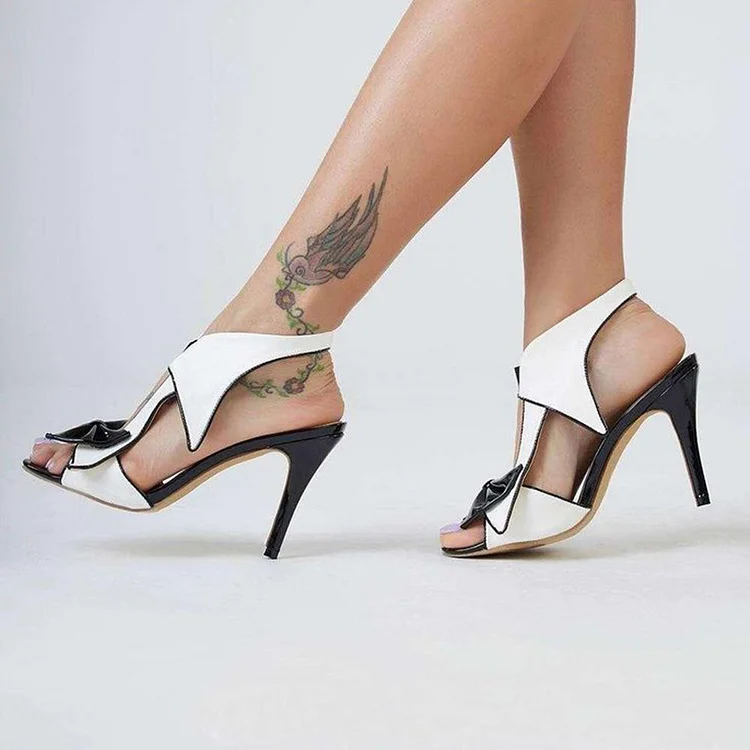 Women's Black & White Patent Leather Bow Peep Toe High Heels Sandals |FSJ Shoes