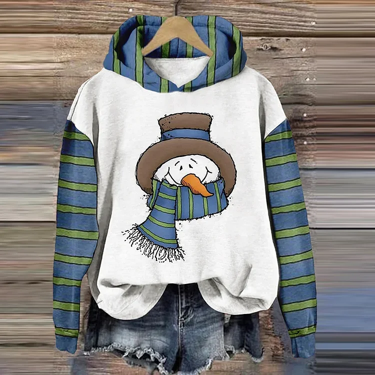 Comstylish Lovely Snowman Stripe Sleeve Patchwork Print Casual Hoodie