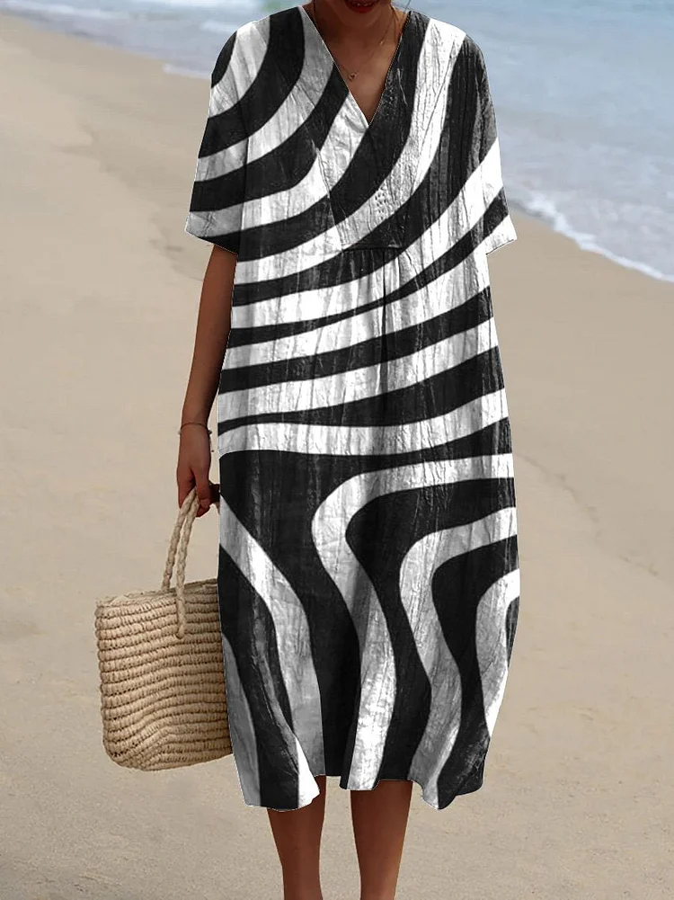 Black And White Abstract Swirl Art Printed Women's Flowy Dress
