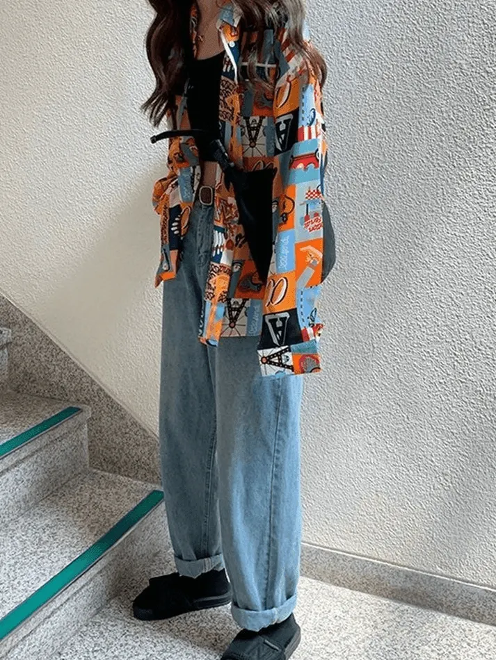 Brownm Vintage Mixed Print Long Sleeve Blouse