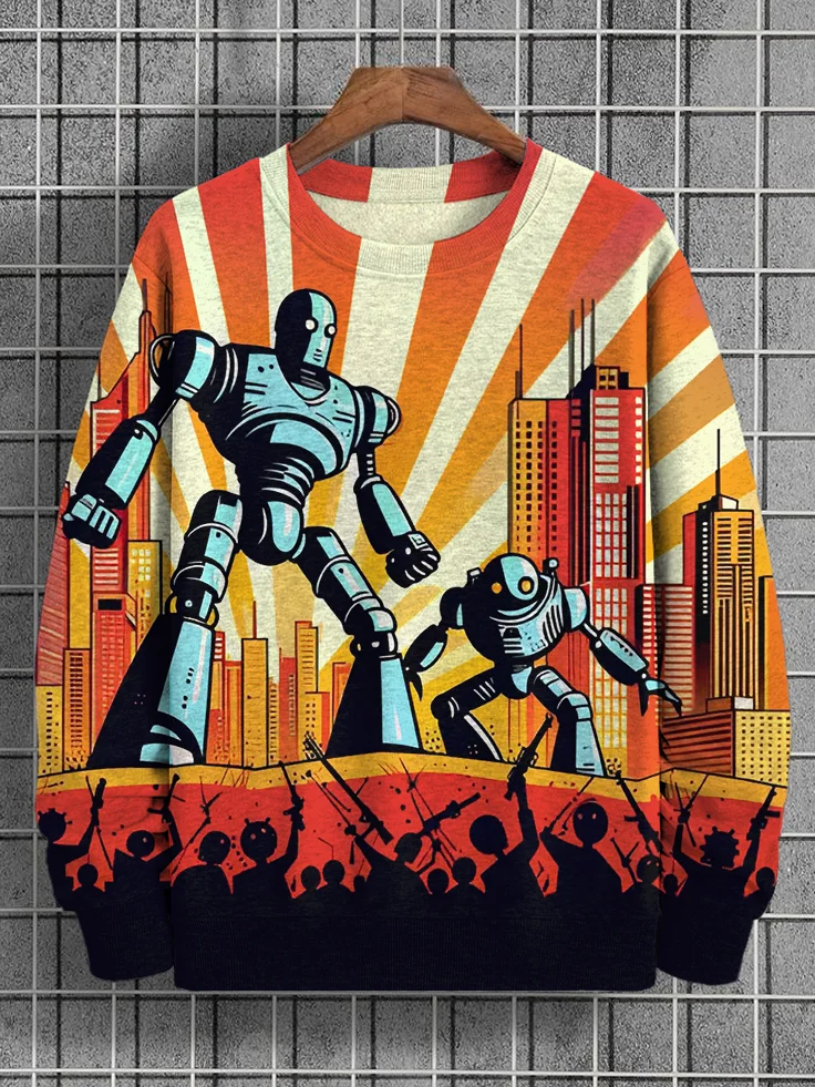 Men's Retro Battle With Robots Print Casual Sweatshirt