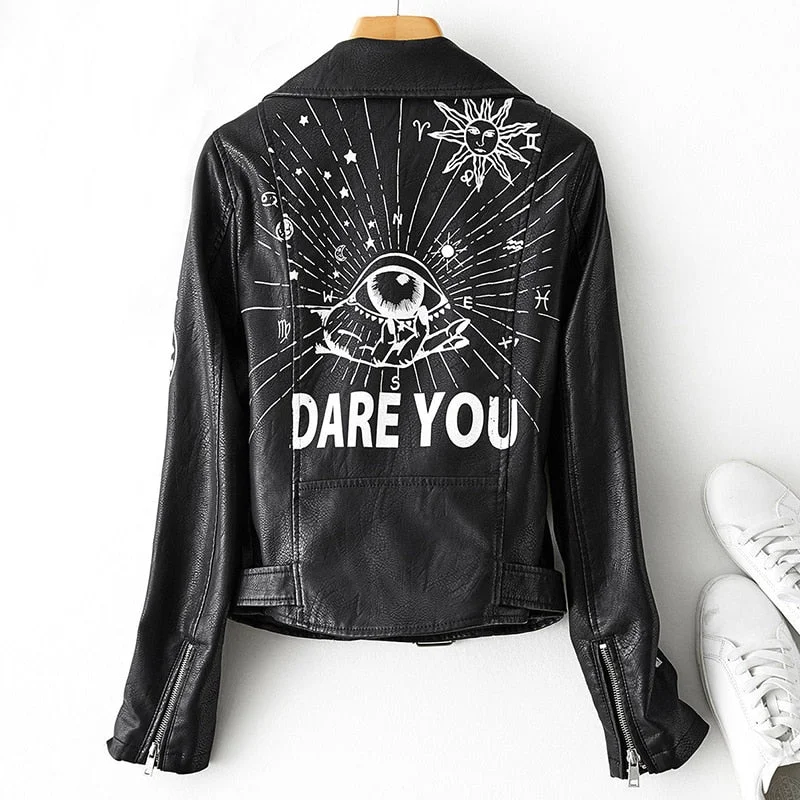 Ailegogo Spring Autumn Women Graffiti Print Pu Faux Leather Jacket with Belt Streetwear Female Moto Biker Rivet Coat Outwear