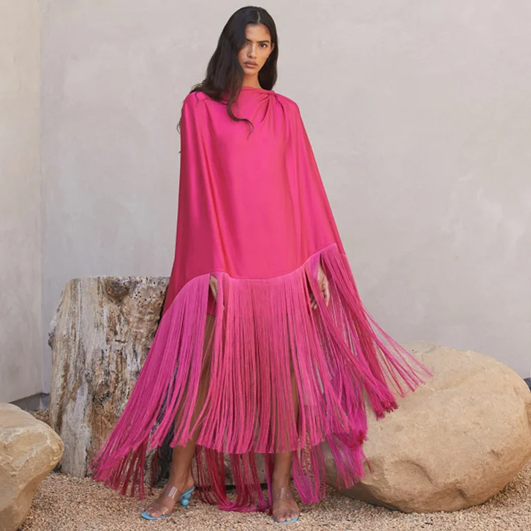 Tassel Pink Solid Color Maxi Dress