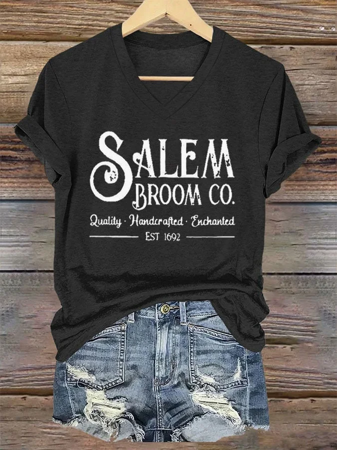 Women's Salem Broom Co Quality Handcrafted Enchanted Est 1692 Print T-Shirt