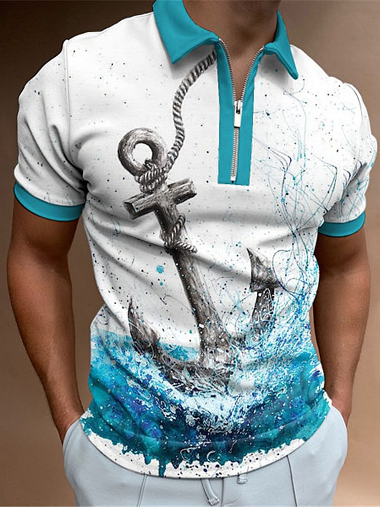 Fashion casual blue and white printed polo shirt