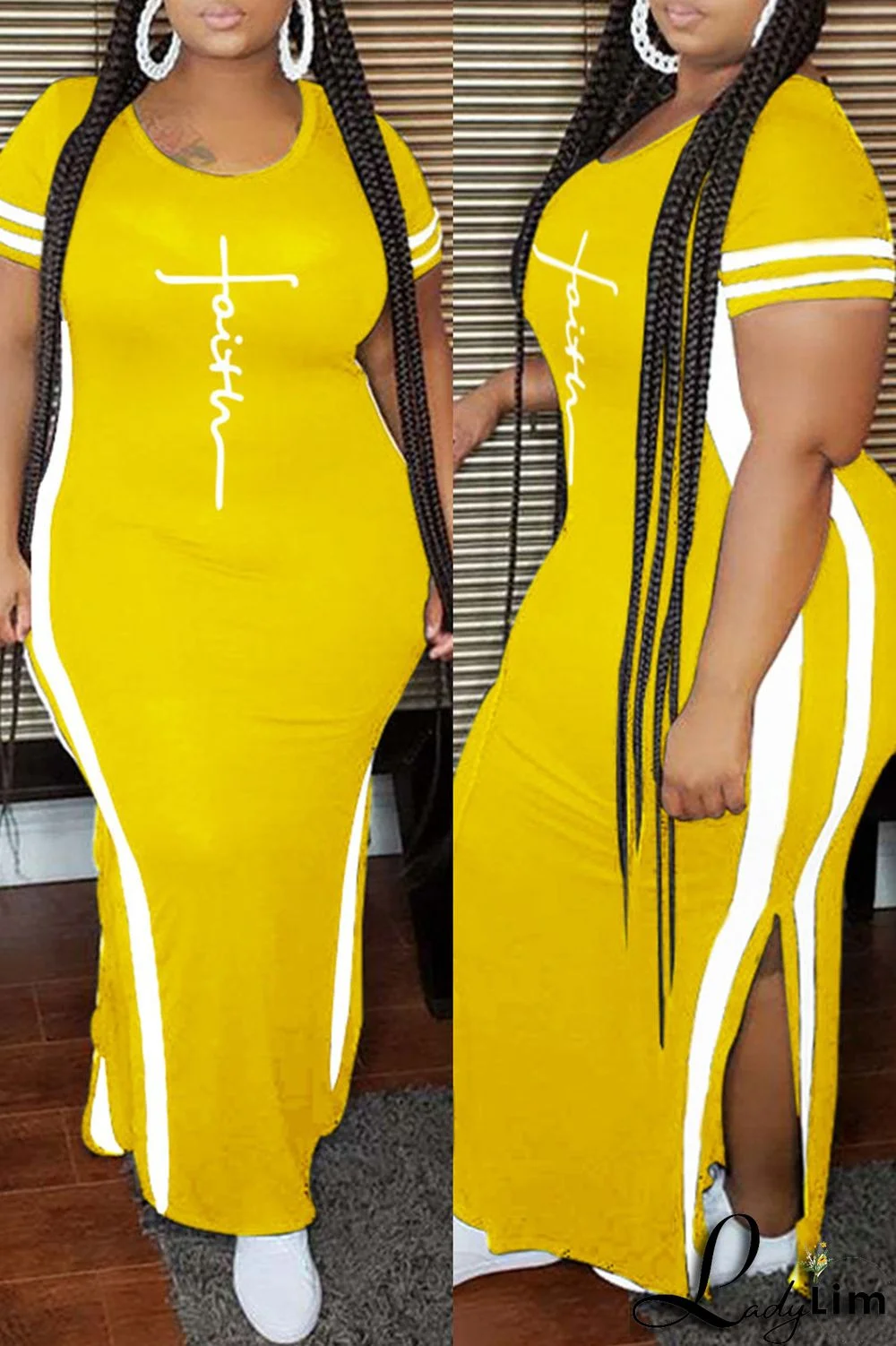 Yellow Fashion Casual Plus Size Print Slit O Neck Short Sleeve Dress