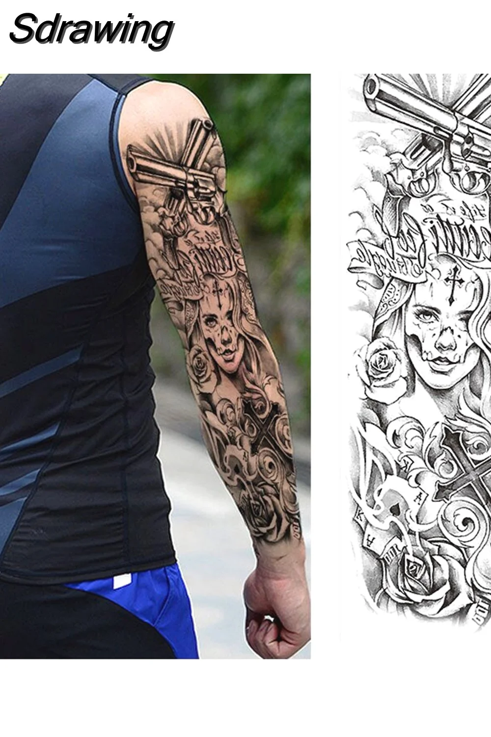 Sdrawing Full Arm Tattoo Lion Crown King Rose Waterproof Temporary Tatoo Sticker Wild Wolf Tiger Men Skull Totem Tattoo 430-1