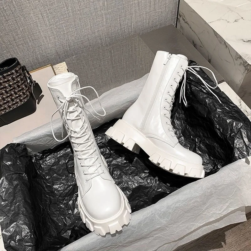 2021 Winter Boots  Heel Ankle Boots For Women White Lace Up Platform Boots Women Autumn INS Hot Women Chunky Motorcycle Boots