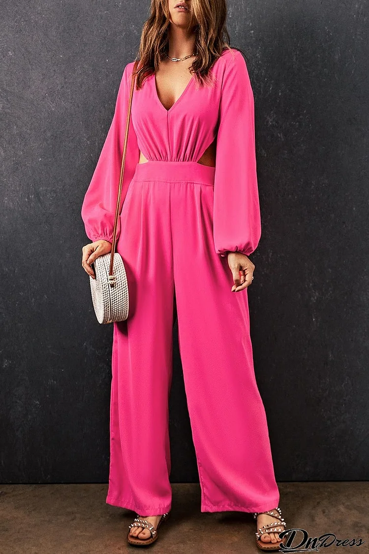 Balloon Sleeve Cutout Plunge Jumpsuit