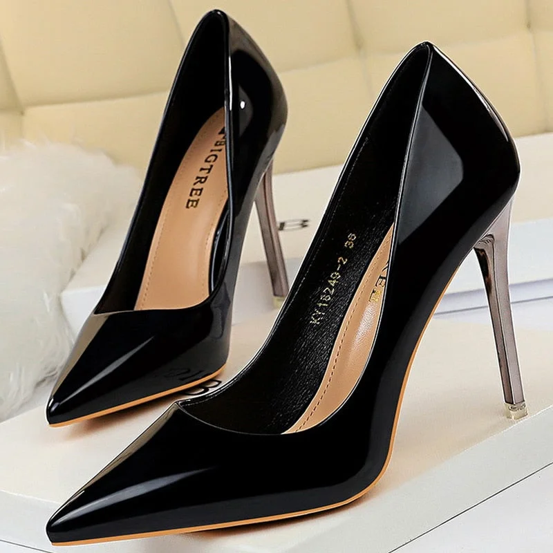 BIGTREE Shoes Woman Pumps Patent Leather High Heels Stiletto Black Women Heels 10.5 Cm Party Shoes Classic Pumps Plus Size 35-43