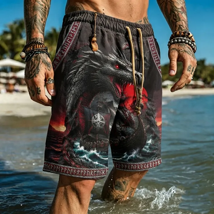 Men's Retro Viking Dragon And Rune Art Pattern Casual Shorts