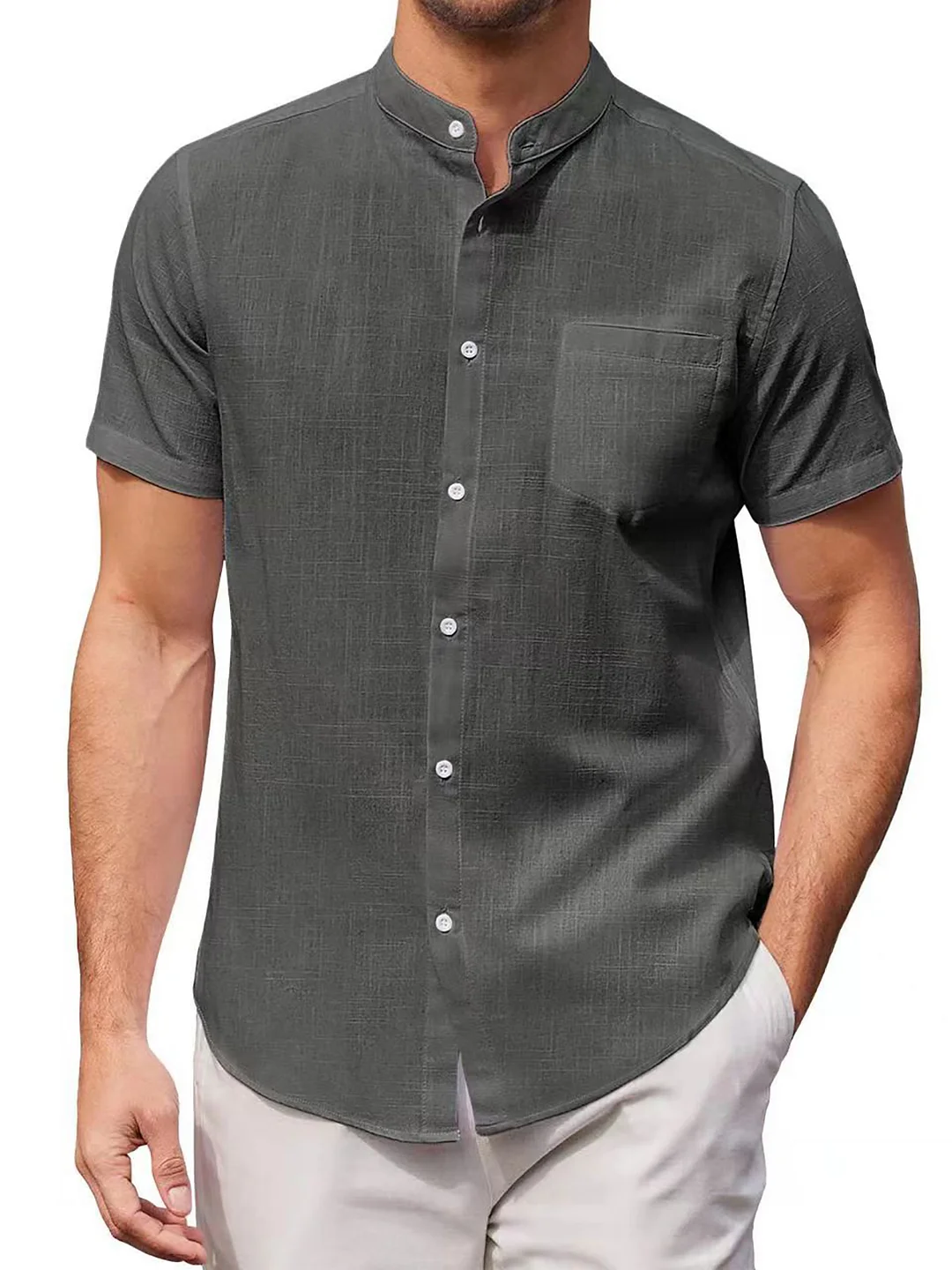 Men's Casual Short Sleeves Stand Collar Pocket Shirt