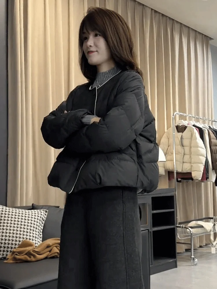 Toloer Round Collar Contracted White Duck Down Short Down Jacket Female Winter New Small Loose Show Thin And Thick Warm Coat-Outfit Ideas