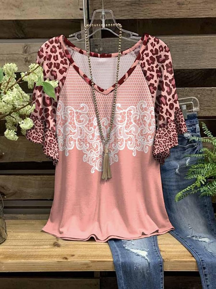 Women's Summer V-Neck Lace Pattern Leopard Print Casual Short Sleeve T-Shirt