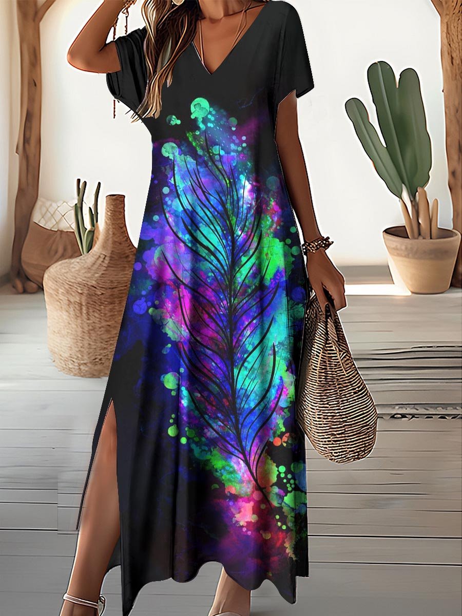 Women's Feather Print V-Neck Dress