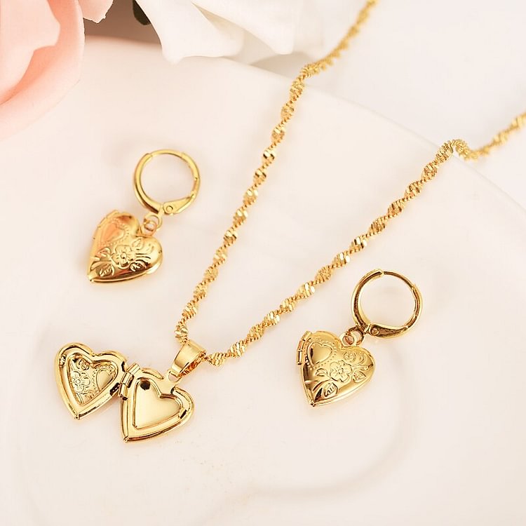 24k gold  Necklace Earring Set Women Party Gift photoframe love heartJewelry Sets mother gift