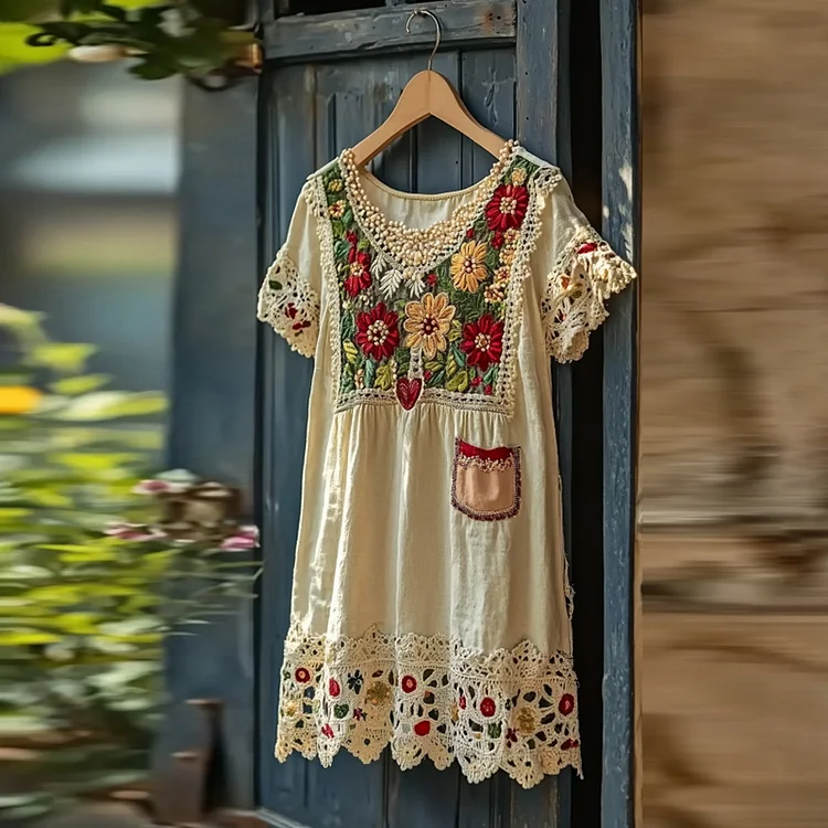 Vintage Flower Embroidery Cerw Neck Shirt