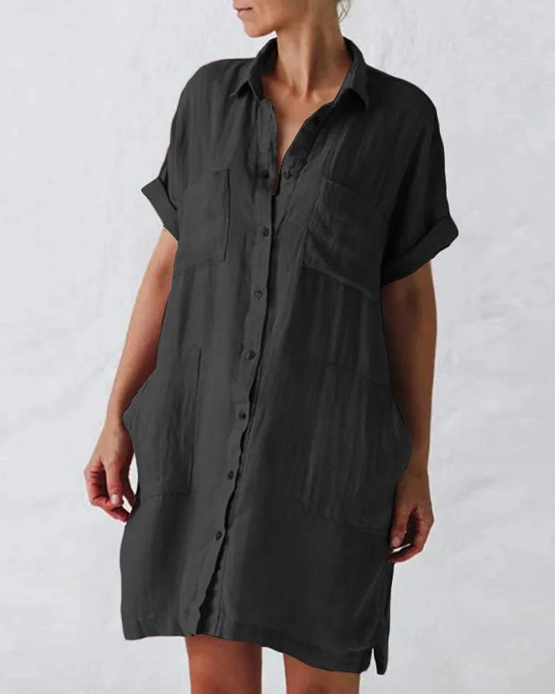 Solid Color Short Sleeve Pocket Dress