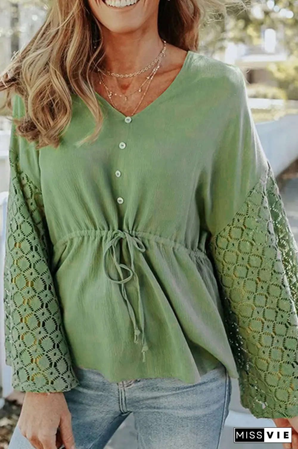 Casual Solid Lace Frenulum Buckle V Neck Tops（5 Colors）